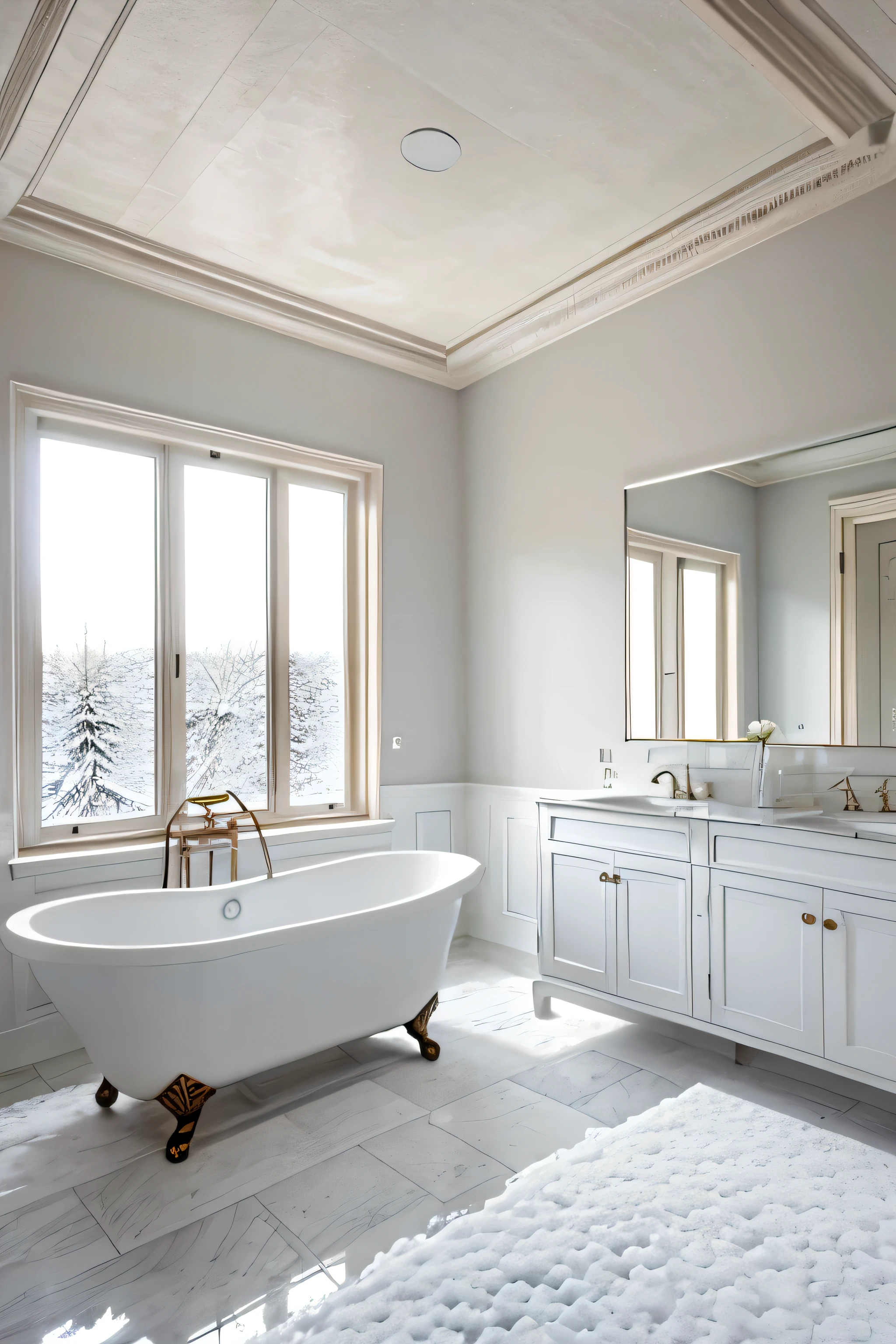 bathroom space white walls and ceiling, brown flooring, roman syle furniture of bathroom and snow outside window