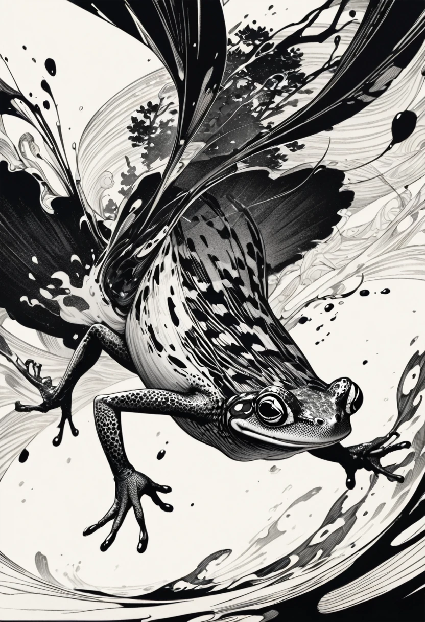 A frog moving comically, ukiyo-e style, ink painting on washi paper, monochrome, Japanese brush touch, detailed intricate linework, dynamic composition, whimsical expression, naturalistic amphibian anatomy, graceful fluid motion, traditional Japanese aesthetics, high contrast shadows, delicate paper texture, minimalist background, masterpiece, best quality, 8k, ultra-detailed, realistic