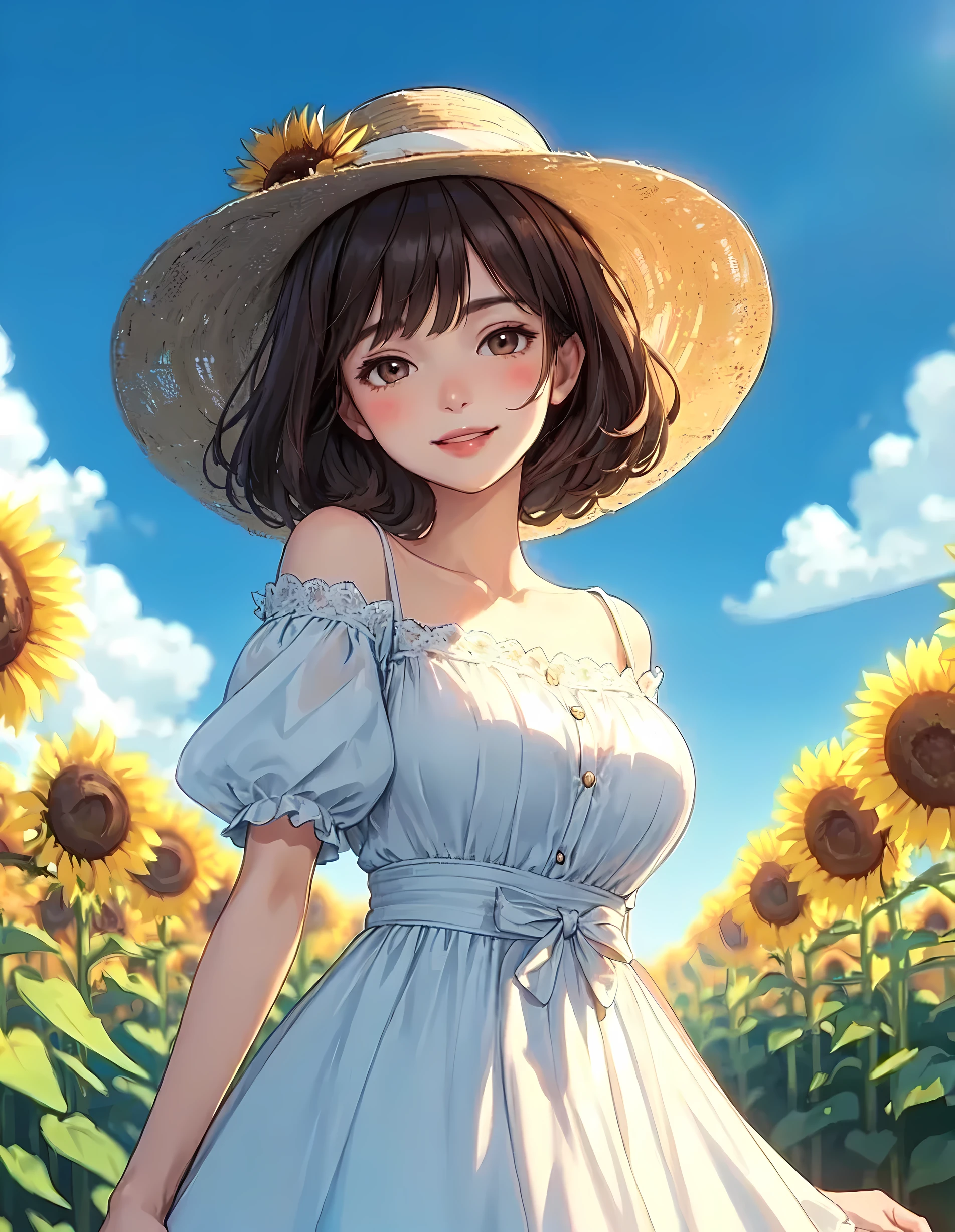 1lady standing, stylish outfit (refreshing attire), (sundress) (straw hat), (mature female:0.8), /(dark brown hair/) bangs, blush kind smile, (masterpiece best quality:1.2) delicate illustration ultra-detailed, large breasts BREAK (vibrant sunflower field) outdoors, blue sky, sunlight, detailed background