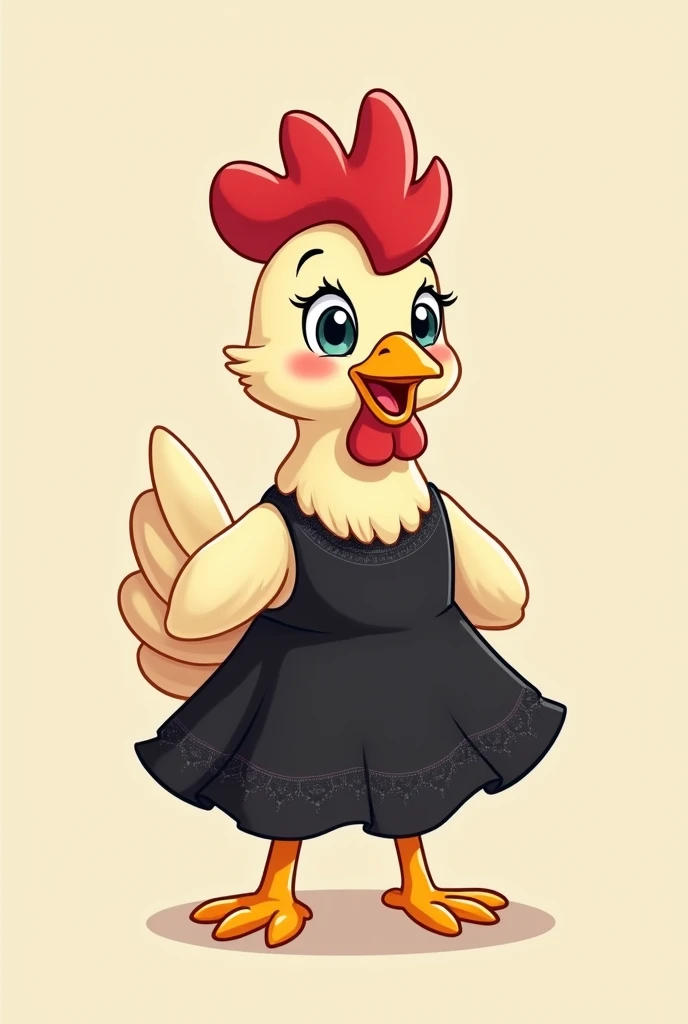 Cartoon chicken wearing a fancy black dress