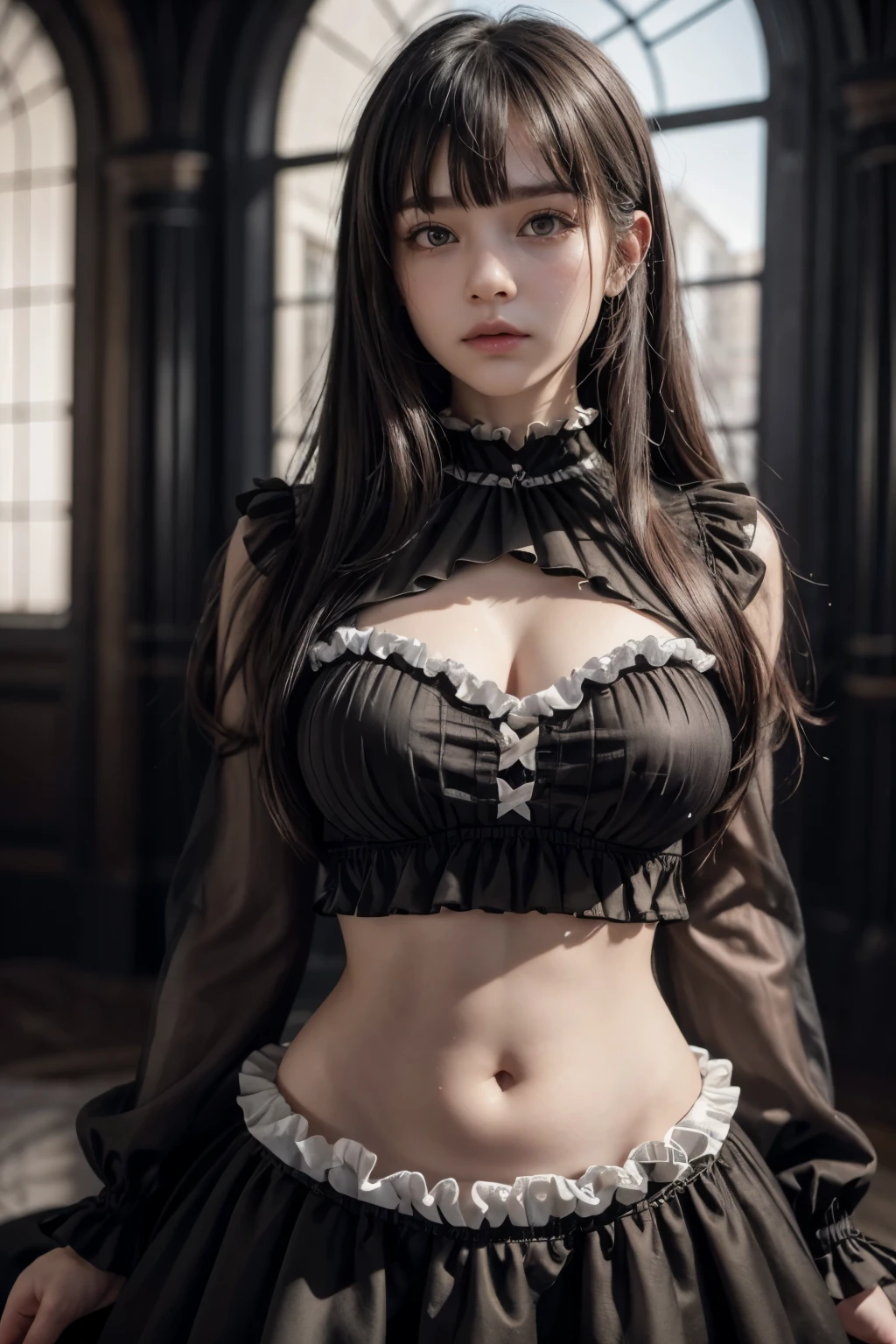 ((A beautiful young girl in a black and white dress)), (European teenage girl), ((dress with visible midriff)), ((dress with many luxurious frills)), beautifully tied hair, bangs, cropped shot from thighs up, best quality, 4k, 8k, highres, masterpiece, ultra-detailed, realistic, photorealistic, photo-realistic, HDR, UHD, studio lighting, ultra-fine painting, sharp focus, physically-based rendering, extreme detail description, professional, vivid colors, bokeh, portraits, 8K,((masterpiece)), ((best quality)), (ultra-detailed), High detail, professional photograph, highest quality, floating hair, beautiful detailed, (((realistic))), hyper realistic character,natural lighting ,beautiful detailed eyes,1girl, solo,blunt bangs, realistic, Highly detailed CG Unity 8k wallpaper, top quality, super detailed, masterpiece, realistic, photorealistic, highly detailed cute girl, (Stout waist:1.5), (long sleeves), (Only the navel is exposed:1.4)