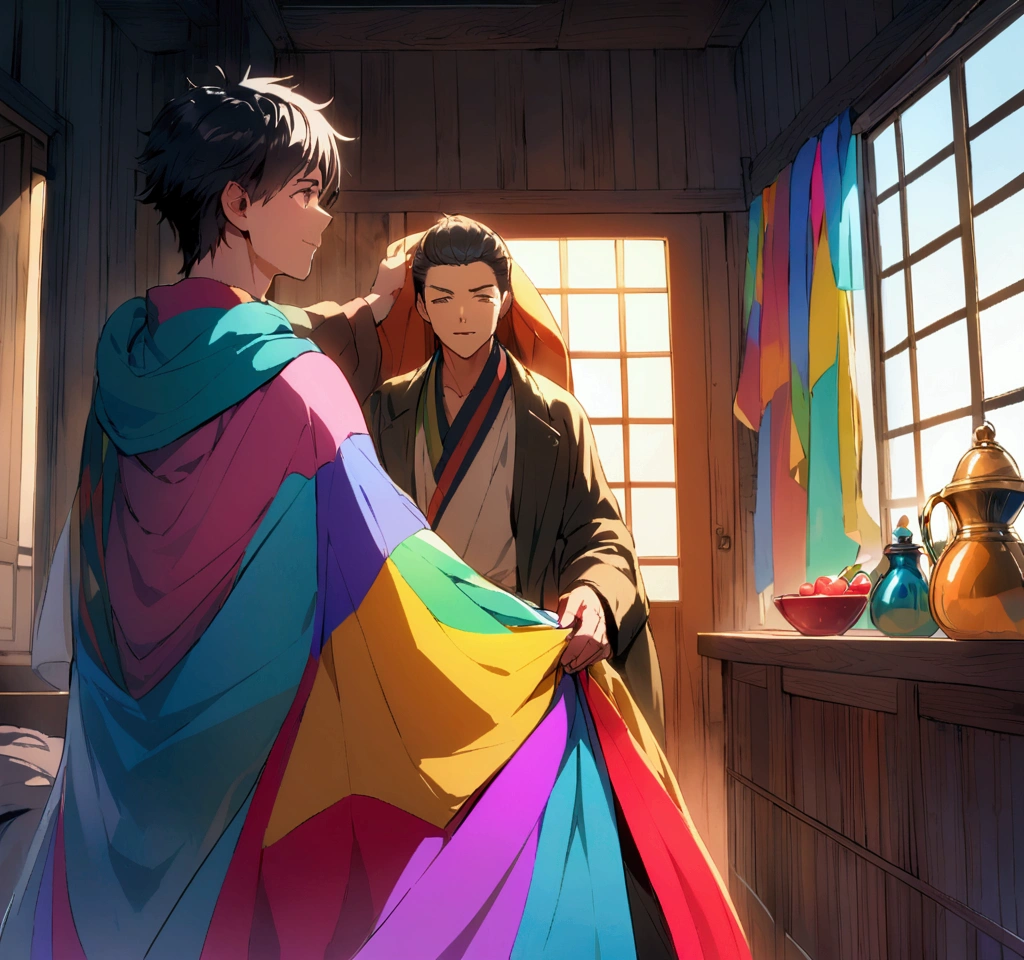 "Jacob, dressing his beloved son Joseph in a coat of many colors, takes place in their humble home. Joseph is filled with joy."
