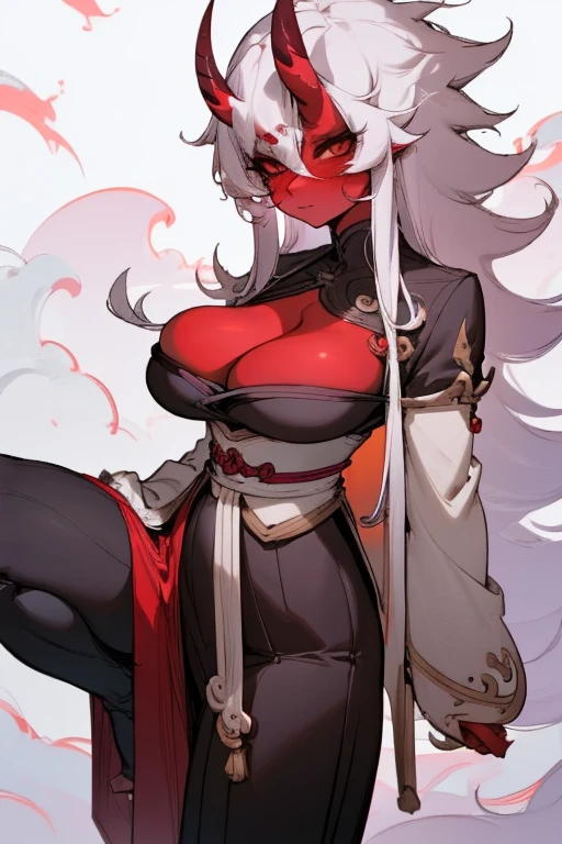 oni girl, 0n1, oni horns, red eyes, evil expression, pale skin, ashy hair, long hair, messy hair, tied hair shimenawa, hourglass body shape, robust, furry clothes, sexy clothes, tribal, yomi background, torturer, cleavage, skindentation, huge breasts, wide hips, confident pose