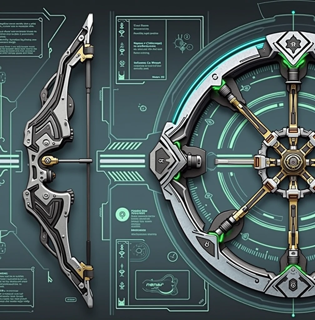 Create a detailed design of a futuristic weapon that converts from a segmented bow to a chakram and back. Show the bow in its extended form with collapsible limbs, featuring intricate, jointed segments that pivot and fold inward. The bow should have a high-tensile, retractable string that automatically retracts when converting into a chakram. The transformation mechanism is highlighted with visible magnetic locks or mechanical clasps that secure the limbs in place during conversion. In chakram form, the limbs interlock seamlessly to create a circular, aerodynamic weapon with razor-sharp, serrated edges. Display the central grip as a dual-purpose handle for both shooting arrows and throwing the chakram, with textured ergonomic grooves for a firm hold. Add glowing blue or green energy lines running along the weapon’s structure to signify power or activation during transformation. Include blueprint-style elements in the background, such as arrows, gears, and technical diagrams, to illustrate the precise folding sequence and mechanisms involved in converting from bow to chakram and reversing back to the bow form, emphasizing the advanced technology and craftsmanship involved.