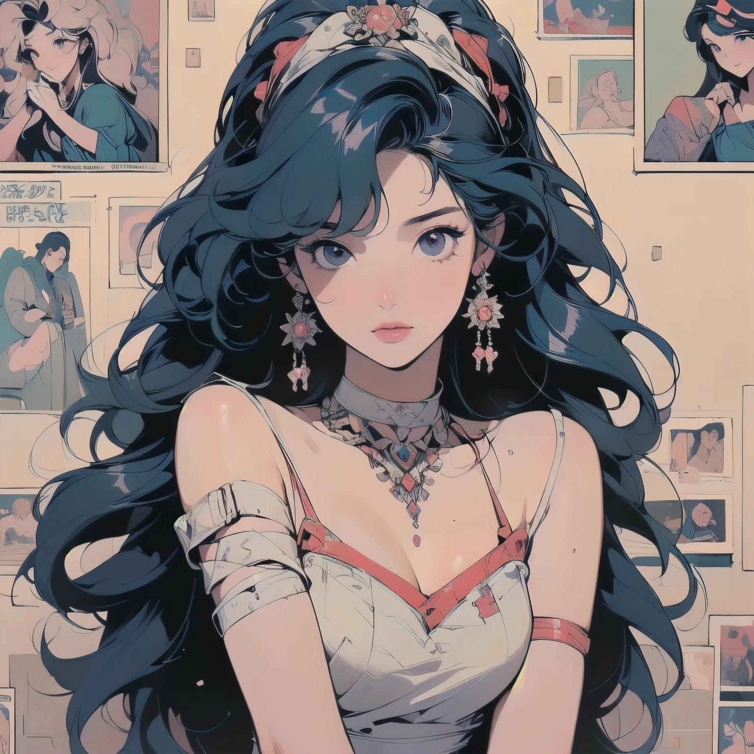 (((masterpiece, Highest quality))), (((32K Wallpapers))), Ultra-high resolution,Trigun、people、Beautiful woman、Movie Posters、Upper Body、Model pose、mysterious、Small breasts、Short sleeve、(((A detailed and complex drone)))、(((The perfect drone)))、(((A luxurious hair accessory with attention to detail)))、(((Bandages on arms and head)))、Colorful hair colors