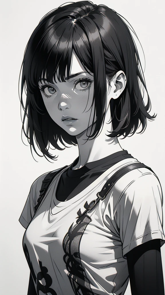 1 boyish girl, solo, sharp eyes, monochrome, greyscale, short black hair, portrait, white T-shirt, closed mouth, looking at viewer, graphite \(medium\), detailed lips, hatching \(texture\), without makeup, bangs, upper body, (best illustration), (best quality), (very detailed), (masterpiece), expressionless,