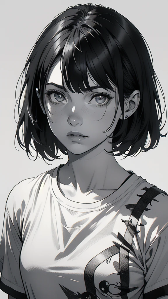 1 boyish girl, solo, sharp eyes, monochrome, greyscale, short black hair, portrait, white T-shirt, closed mouth, looking at viewer, graphite \(medium\), detailed lips, hatching \(texture\), without makeup, bangs, upper body, (best illustration), (best quality), (very detailed), (masterpiece), expressionless,