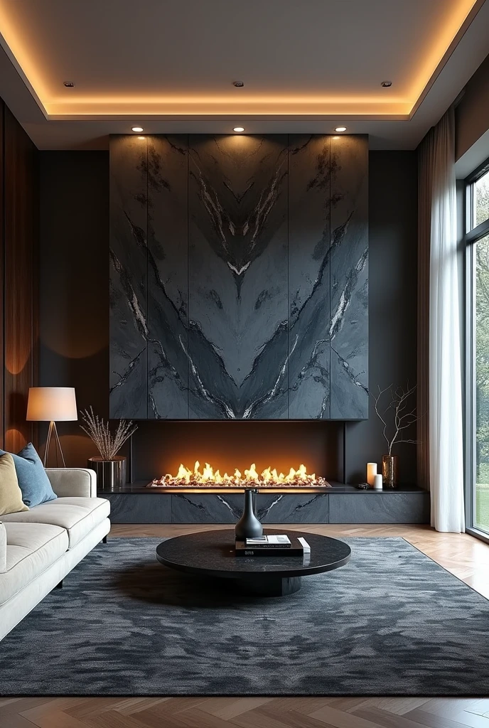 Professional 3d architecture rendering design of modern  living room with  so dark  gray   and  so dark vintage blue  and so dark beige floranca velvet sofa  set and medium  flouting  dark gray marble fireplace and brown laminate and elegant and modern accessories and modern windows and black slab stone middle table and elegant ceiling lighting and elegant accessories and elegant  dark gray Persian carpet and elegant ceiling lighting 