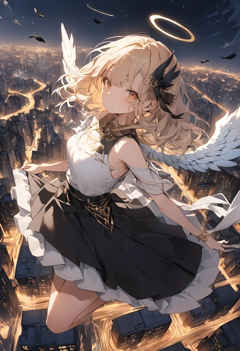 The image depicts a female angel floating above a city at night.。. The city lights shine golden、Create a dramatic atmosphere, Its delicate presence and black feathers contrast with the urban environment.。. Women seem protective and cautious.