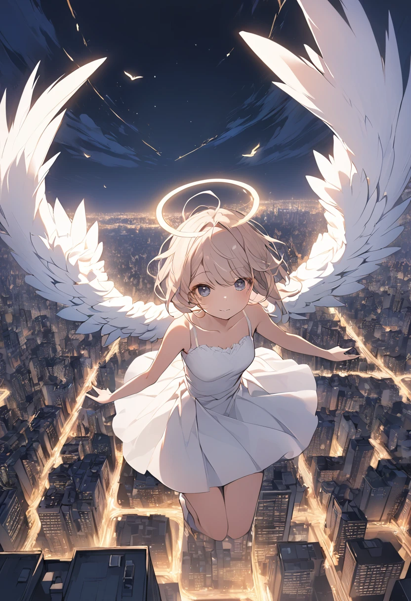 The image depicts a female angel floating above a city at night.。. The city lights shine golden、Create a dramatic atmosphere, Its delicate presence and black feathers contrast with the urban environment.。. Women seem protective and cautious.