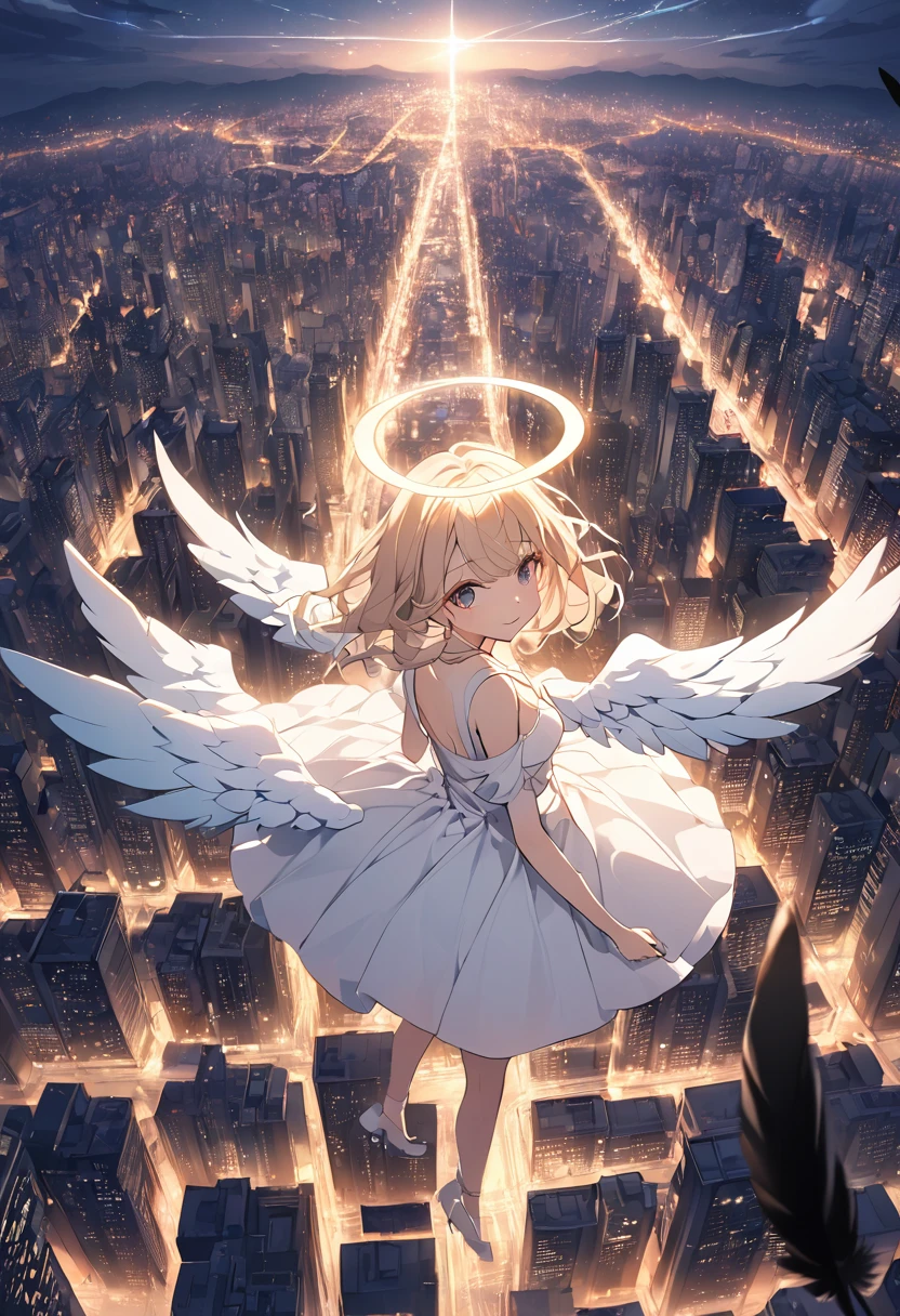 The image depicts a female angel floating above a city at night.。. The city lights shine golden、Create a dramatic atmosphere, Its delicate presence and black feathers contrast with the urban environment.。. Women seem protective and cautious.