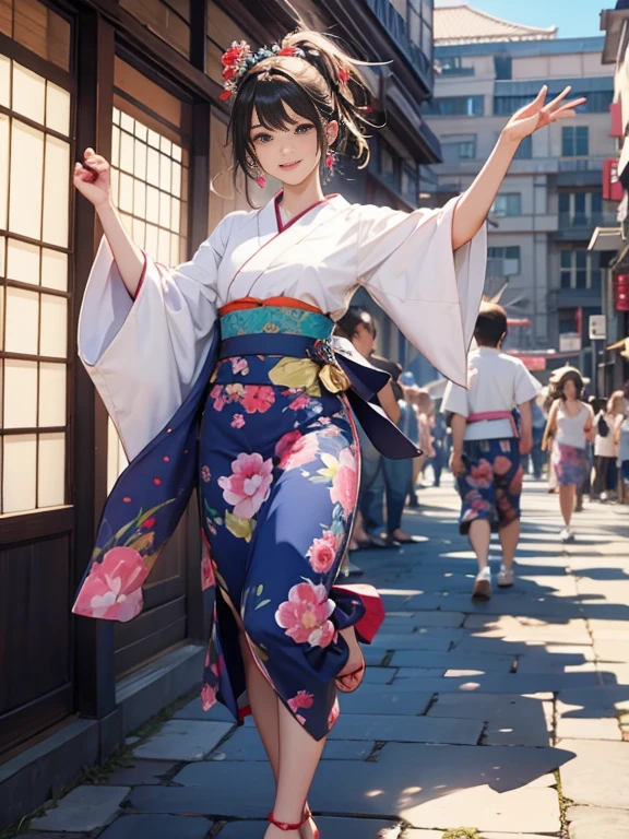 (Japan Bon Odori,最高masterpiece,Highest quality), Hot August,Bright vibrant anime art,People of all ages and genders dance and dance,  Let&#39;s dance in yukata,Laughing and dancing,  Men and women, let&#39;s dance in a circle, masterpiece,Highest quality,High resolution,