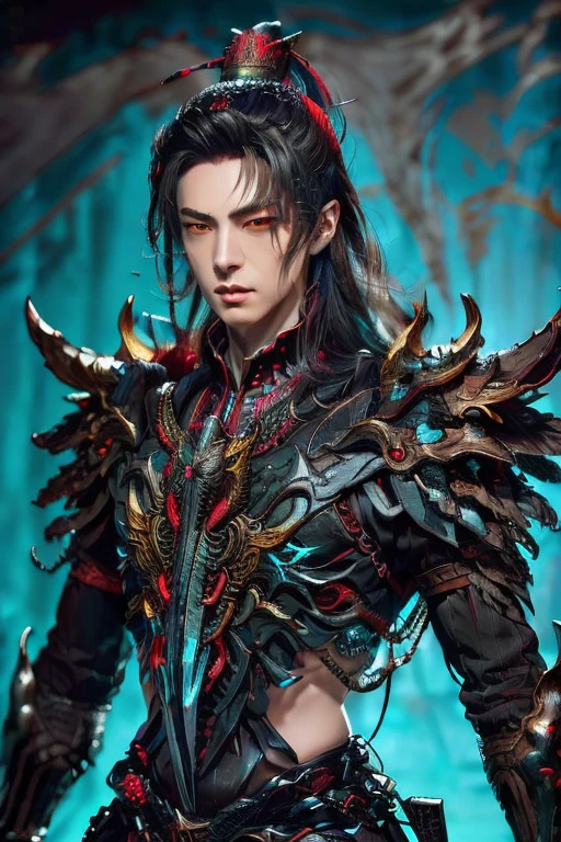  Handsome young xianxia protagonist,alpha male face,handsome, otherworldly beauty,perfect proportion face,no light interfention,turn right face perspective ,man,guy,long black obsidian hair,black red phoenix tail, use floating phoenix crown,Crimson red  eyes  ,eyes focus detailed((no noice)),(((no noice))),and long black hair ,(no noice)),use armour featuring like pattern on taotie chinese divine beast((search image for taotie chinese beastiary))with black dominant color,pauldron protective shape like dragon head,breastplate featuring like Tao tie,breastplate detailed featuring taotie shape,shoulder protective dragon shape like taotie,sun and moon  background, black dominant color,black  dominant color, black dominant color armour,with majestic silver line , ((no noice))And demonic red wings at back,wings at back,terrifying aura around,24K ultra hd,face and eyes detail,lips and face detail,masterpiece ,better quality,ultraa realistic face((no noice)),good face proportion,non noice face,reality face,eyes detailed,((perfect face)),perfect eyes ,perfect lips proportion((balance lips)),perfect face proportion,((balance proportion of face)),((balance and perfect left and right eyes proportion)),((masterpiece))