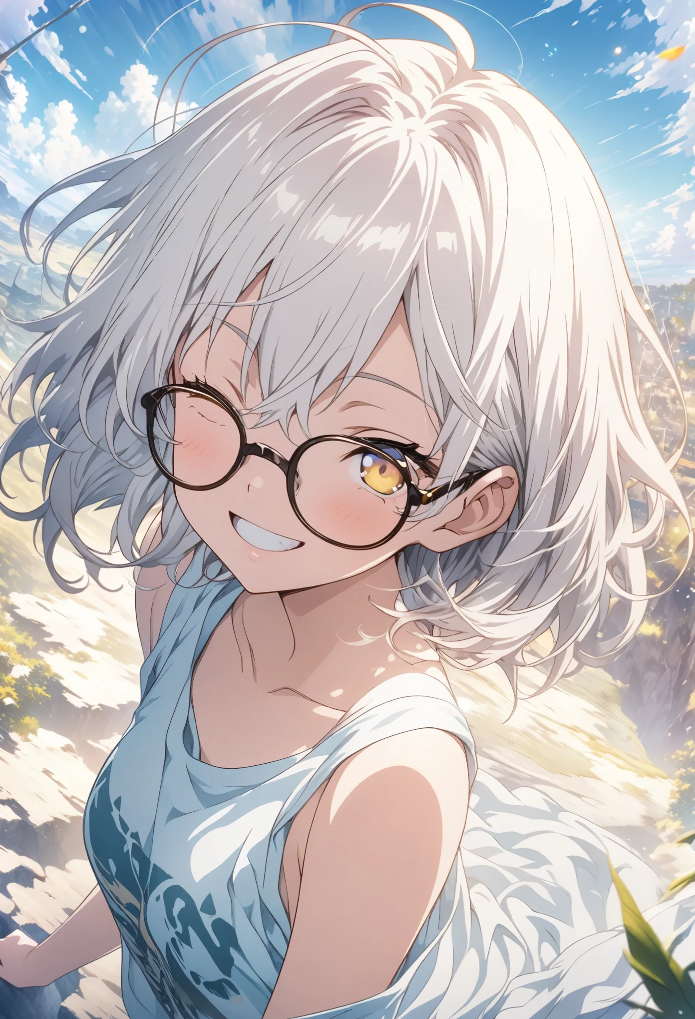 masterpiece, Highest quality, Highly detailed CG Unity 8K wallpapers, High School Girl Anime Illustration. Wear an oversized tank top、Wearing glasses、peace sign、she has her eyes closed and mouth open, smile. The background is a light pastel colored landscape...., white hair color, Yellow Eyes