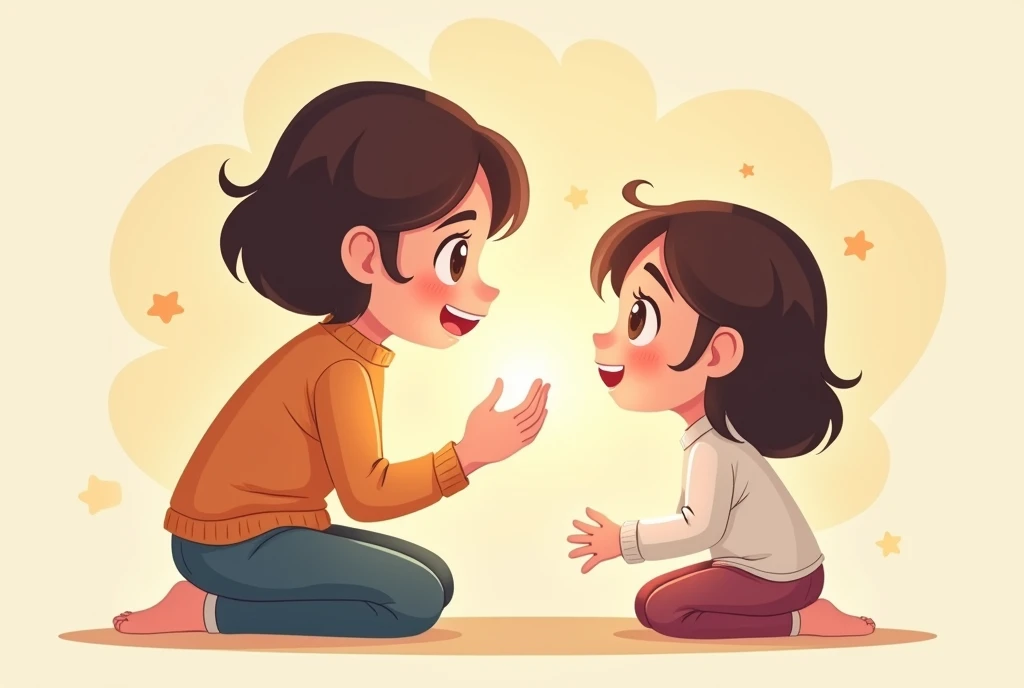 Cartoon image of mother praising her daughter, the light rekindled in her daughter's eyes, cartoon, cute cartoon, cute cartoon style, mother's love, cute illustration, clean anime art, simple background