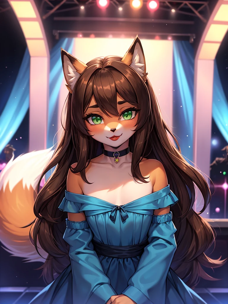 Best quality, furry male fox with green eyes, with brown long hair, with black spout, with red lipstick on lips, big lips, in a blue dress, a femboy, crossdressing, shy, choker on the neck, off-the-shoulder dress, flirts, sexy pose, portrait, against the backdrop of an empty nightclub