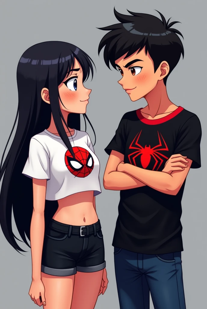 The image you shared shows two animated characters in a cartoon style., both with a youthful appearance and a drawing style characteristic of animated series. 

The character on the left is a girl with long black hair, dressed in a white spiderman white t-shirt, revealing part of his abdomen. besides, He is wearing black shorts. His expression is playful or confident, as she appears to be smiling slightly and looking at the male character.

The character on the right is a boy with dark hair and a low fade haircut.. He wears a black Spiderman t-shirt with red details on the collar and sleeves.. He is smiling and has his arms crossed, suggesting a relaxed and perhaps slightly defiant attitude as he looks at the girl.

The background of the image is simple, with grey and black tones, which makes the characters stand out more.