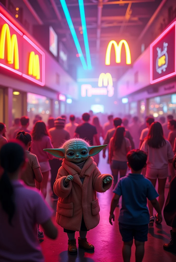 McDonald's themed nightclub, with people and baby yodas partying