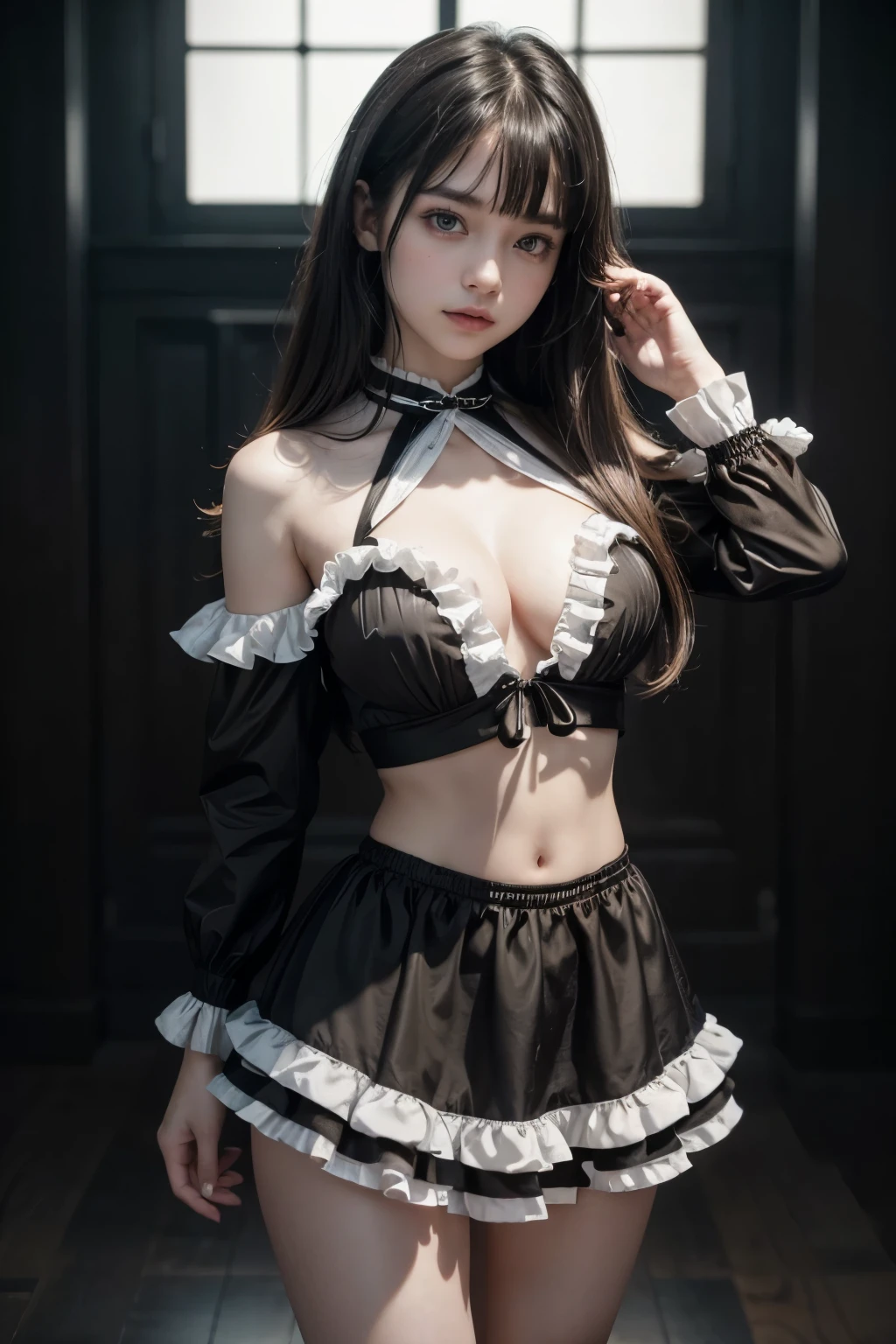((A beautiful young girl in a black and white dress)), (European age girl), ((dress with visible midriff)), ((dress with many luxurious frills)), beautifully tied hair, bangs, cropped shot from thighs up, best quality, 4k, 8k, highres, masterpiece, ultra-detailed, realistic, photorealistic, photo-realistic, HDR, UHD, studio lighting, ultra-fine painting, sharp focus, physically-based rendering, extreme detail description, professional, vivid colors, bokeh, portraits, 8K,((masterpiece)), ((best quality)), (ultra-detailed), High detail, professional photograph, highest quality, floating hair, beautiful detailed, (((realistic))), hyper realistic character,natural lighting ,beautiful detailed eyes,1girl, solo,blunt bangs, realistic, Highly detailed CG Unity 8k wallpaper, top quality, super detailed, masterpiece, realistic, photorealistic, highly detailed cute girl, (Stout waist:1.5), (long sleeves), (Only the navel is exposed:1.4)