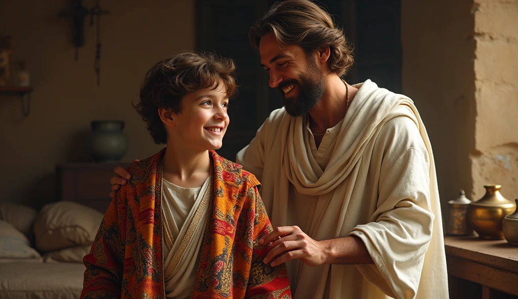 "Jacob, dressing his beloved son Joseph in a coat of many colors, takes place in their humble home. Joseph is filled with joy."