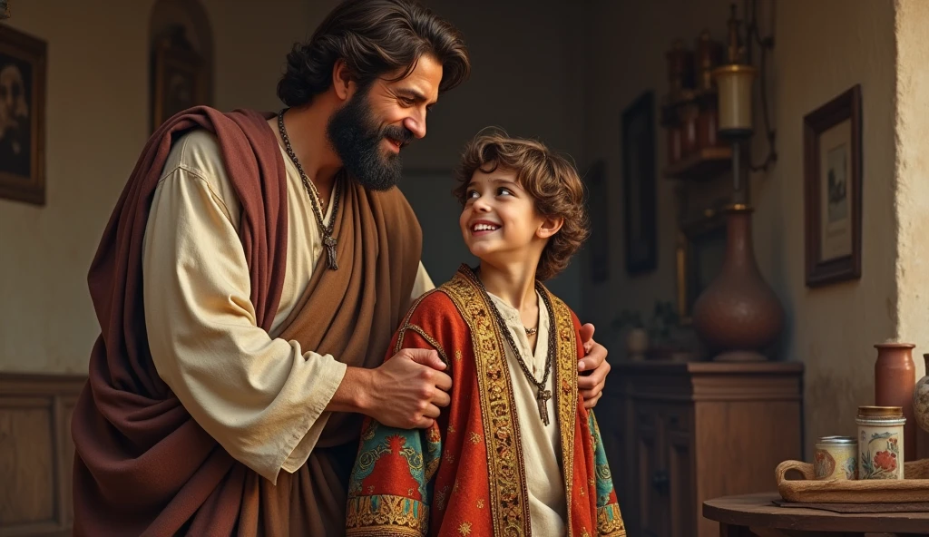 "Jacob, dressing his beloved son Joseph in a coat of many colors, takes place in their humble home. Joseph is filled with joy."