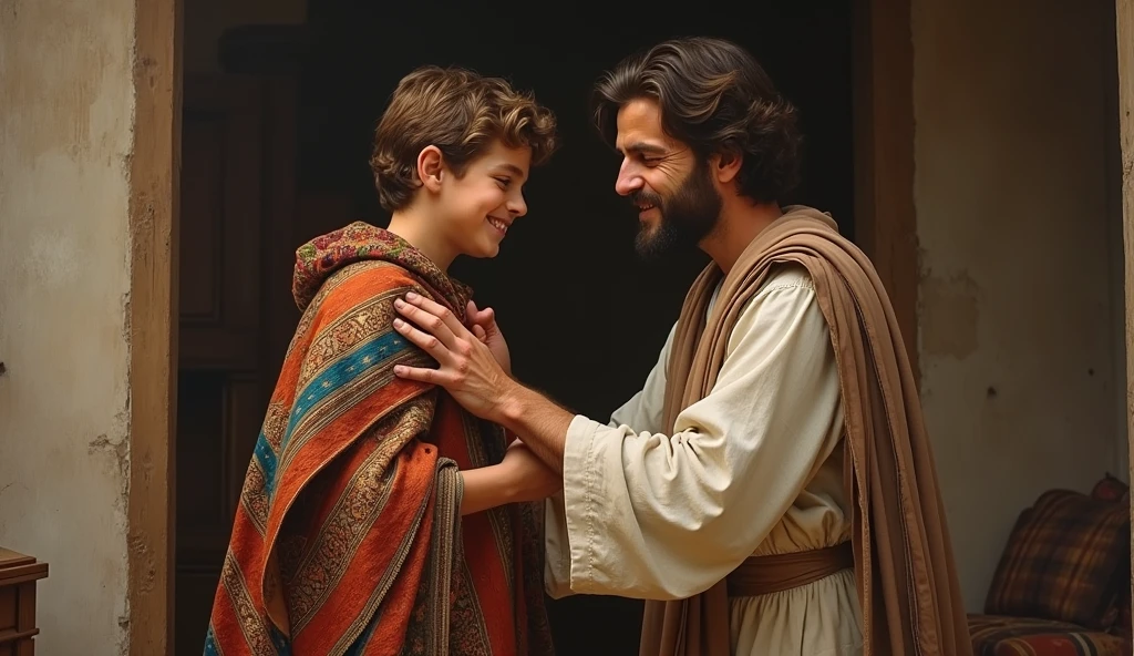 "Jacob, dressing his beloved son Joseph in a coat of many colors, takes place in their humble home. Joseph is filled with joy."