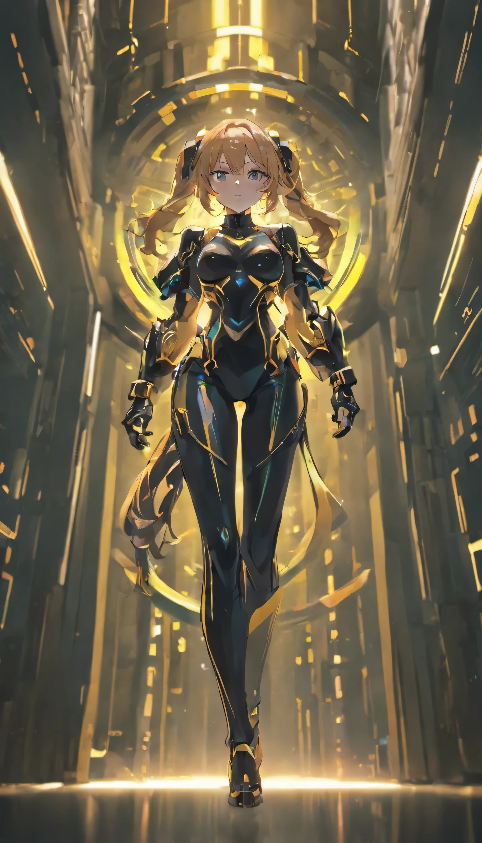 alone, Ultra HD Photos, Girl full body photo Unreal Engine 5 8K UHD, He wears a tight black shiny suit with cyber detailing., High Tech Armor, Long black gloves, ponytail, Half Face Cyber Mask, Cyberpunk Character, Future city fantasy background, Highest quality, masterpiece, Unified 8k wallpaper, Very detailed, Sharp focus, Woman pose