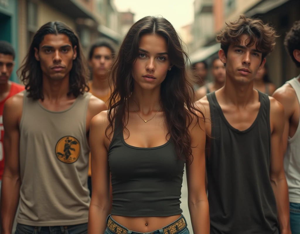 A movie-like photo of a girl in skater fashion and her male and female friends. Everyone is wearing a tank top.