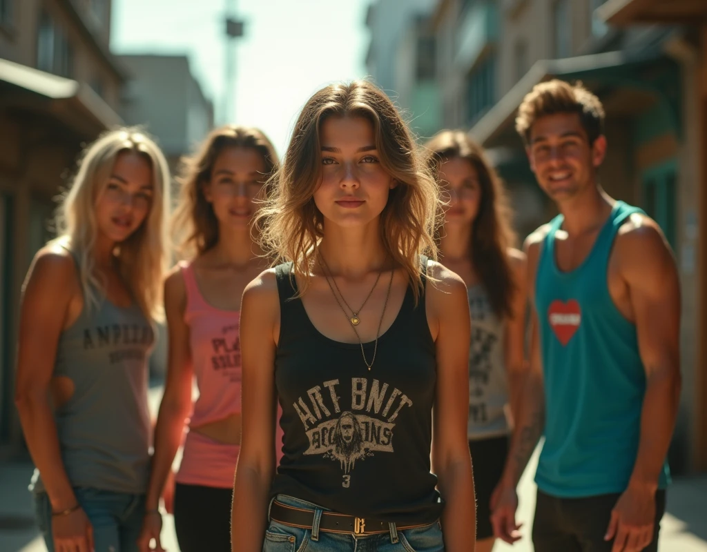 A movie-like photo of a teenage girl in skater fashion and her male and female friends. Everyone is wearing a tank top.
