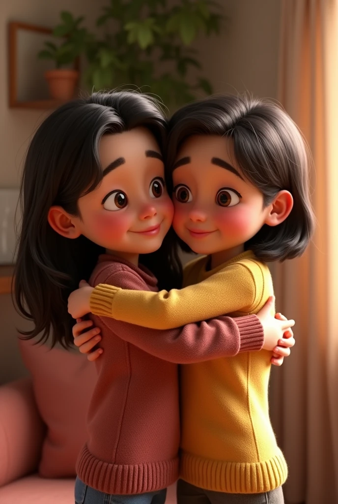 two people hugging pixar 3d drawing style