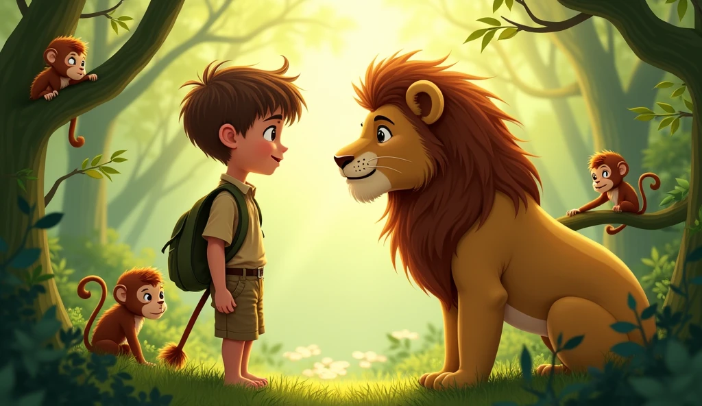 **AI Prompt:**
"A whimsical scene in a lush, sun-dappled jungle, where a young boy with short brown hair, wearing a safari outfit and a small backpack, stands face-to-face with a friendly lion. The lion has a gentle expression, and they share a moment of mutual curiosity and understanding. Around them, a few playful monkeys watch the interaction, sitting among the greenery. The atmosphere is warm, with rays of sunlight filtering through the trees, creating a magical, peaceful setting. The boy and the lion are the focal points, capturing a sense of adventure and friendship."
