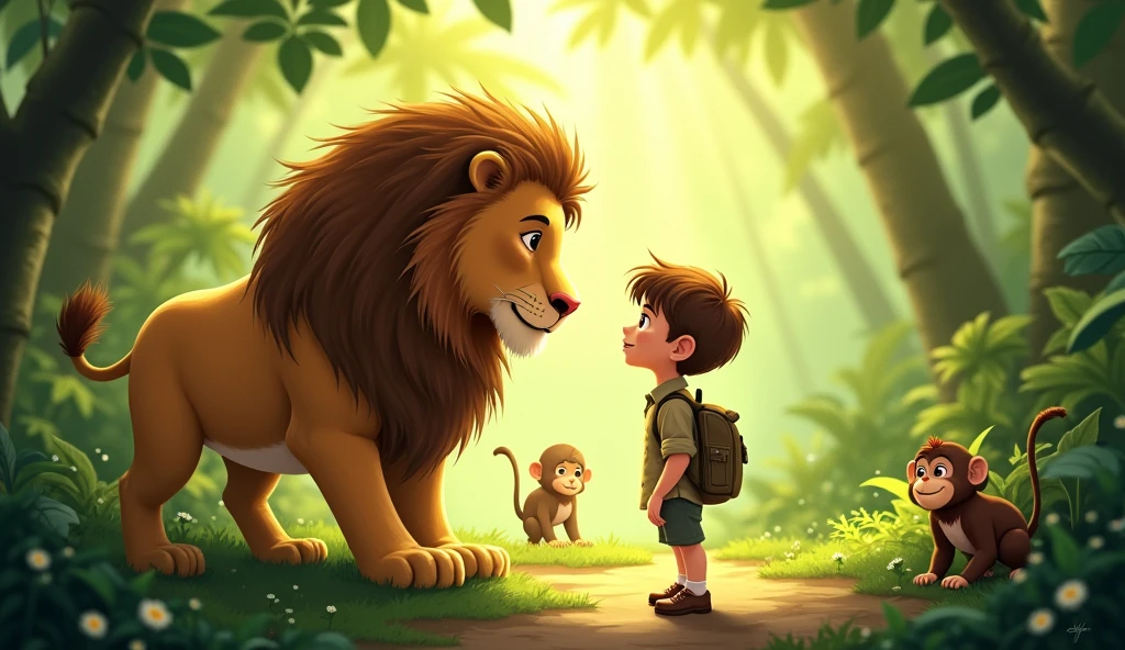**AI Prompt:**
"A whimsical scene in a lush, sun-dappled jungle, where a young boy with short brown hair, wearing a safari outfit and a small backpack, stands face-to-face with a friendly lion. The lion has a gentle expression, and they share a moment of mutual curiosity and understanding. Around them, a few playful monkeys watch the interaction, sitting among the greenery. The atmosphere is warm, with rays of sunlight filtering through the trees, creating a magical, peaceful setting. The boy and the lion are the focal points, capturing a sense of adventure and friendship."