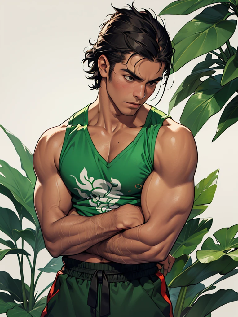 Ignacio is a guerilla fighter in El Salvador circa 1980. He is wearing a green tank top emblazoned with Chinese characters. He is turning his head looking away.