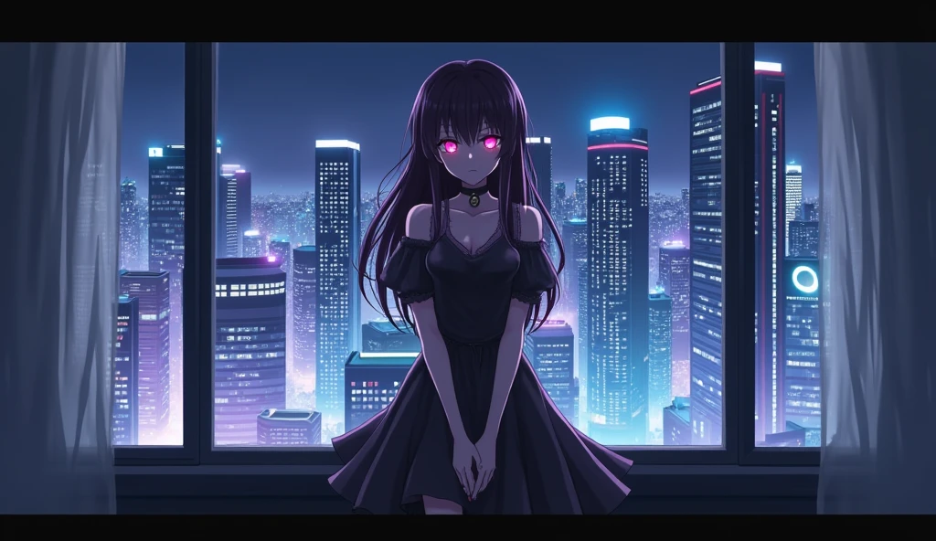 She looks cute on the outside but is very cold on the inside. She dresses a bit sexy. Her eyes clearly showing a scary look, her hair is loose and long, she looks like an anime. She is near a window view a city with many lights of neon modern high-rise buildings in the evening. She looks a bit mischievous and arrogant like a leader