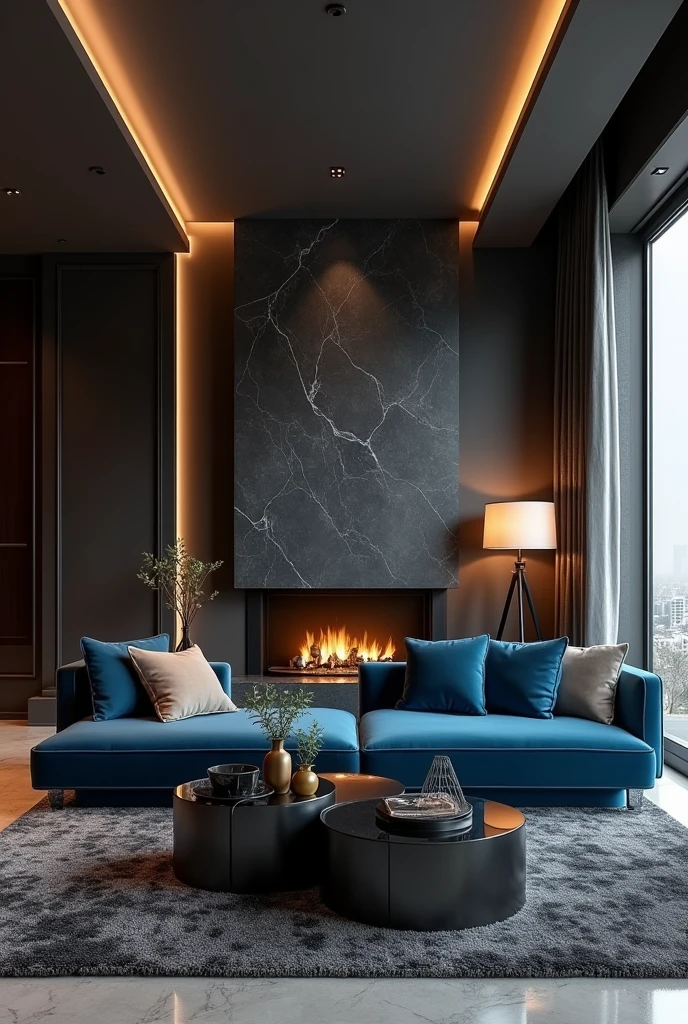 Professional 3d architecture rendering design of modern  living room with  so dark  gray   and  so dark vintage blue  and so dark beige floranca velvet sofa  set and medium  flouting  dark gray marble fireplace and brown laminate and elegant and modern accessories and modern windows and black slab stone middle table and elegant ceiling lighting and elegant accessories and elegant  dark gray Persian carpet 