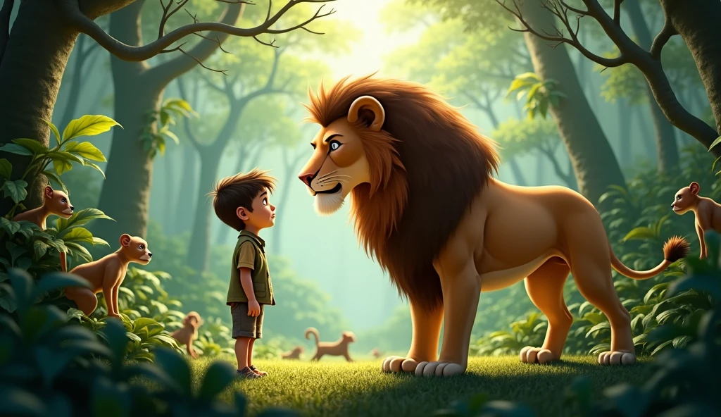 A boy with lion in jungle Around some other animal