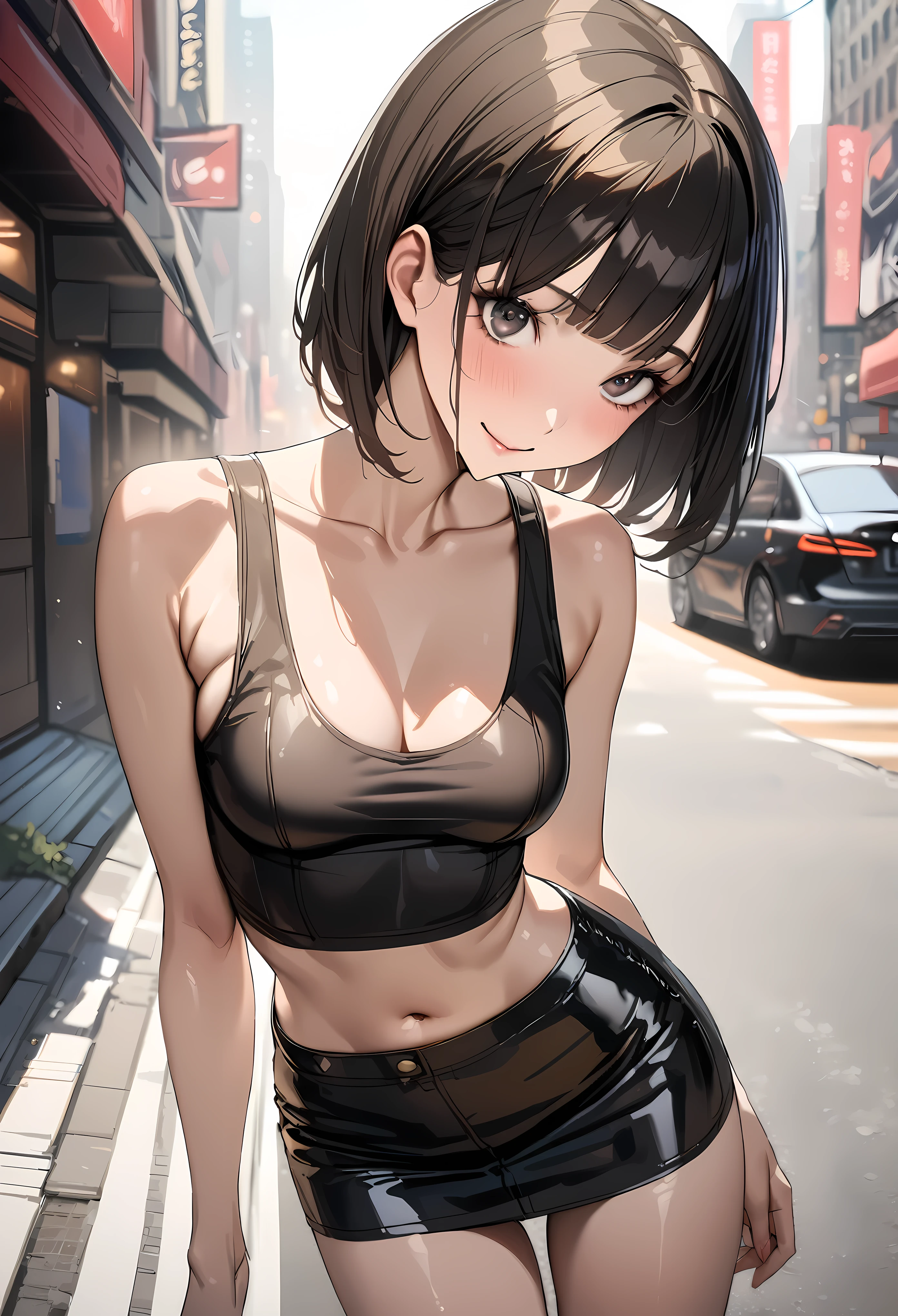 ((masterpiece,best quality anime,Highest quality:1.3)),realistic,portrait、upper body,1woman,(30 year old beauty),((very small head:1.4)),((very long body:1.4)),(short bob hair),black hair,(gorgeous big eyes),black eyes,smile,((slender body:1.4,skinny:1.3)),medium breasts(Punk Fashion、navel、Tank top,Black leather mini skirt),oily skin,gleaming skin,shiny skin,standing,on street,New York City、