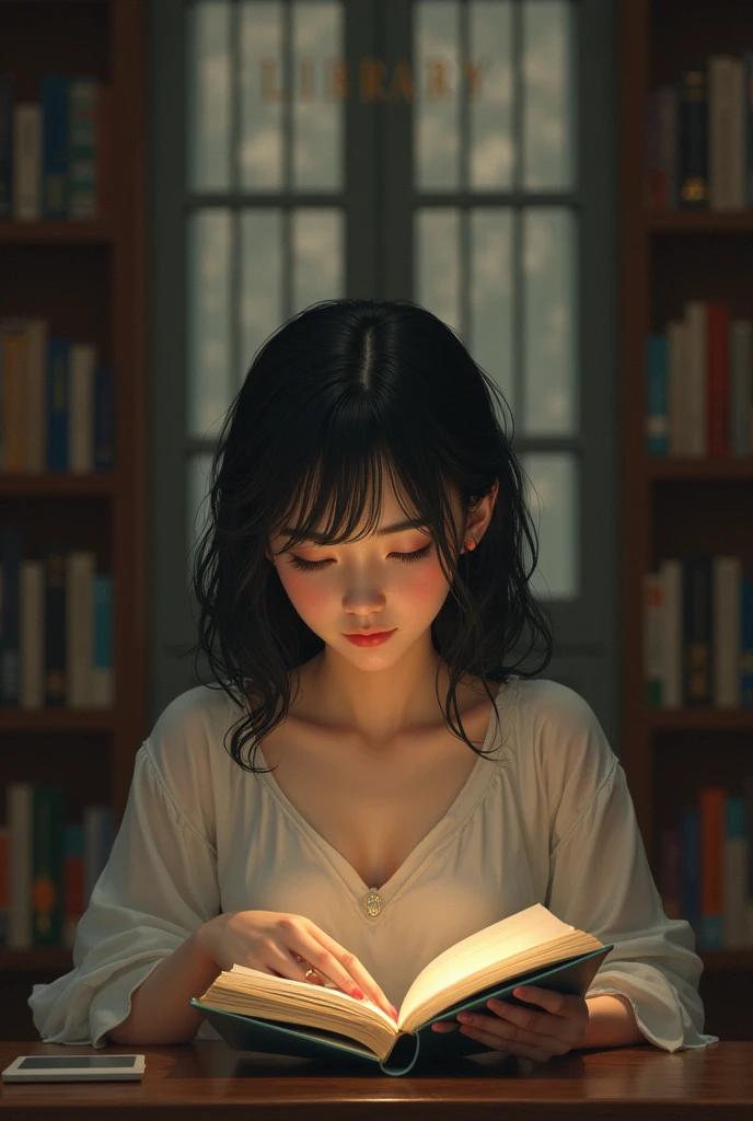 pretty asian girl reading library with word "library" on door