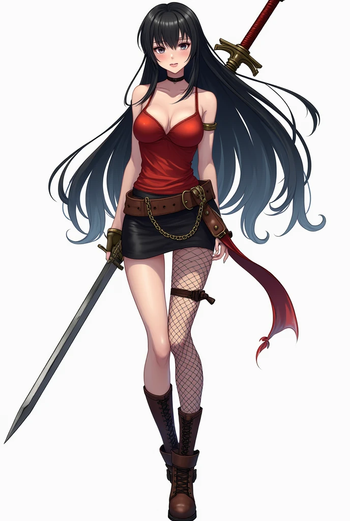semi-style illustration, a female character with long, flowing black hair, no bangs, pale skin and steely black eyes, exuding a calm, dynamic pose, one leg bent while holding a long sword across her body, wearing a rather thin red sleeveless top, a very short black leather skirt, fishnet stockings and high-top brown boots. The overall style is consistent with anime and manga aesthetics, characterized by detailed hair and expressive eyes.
