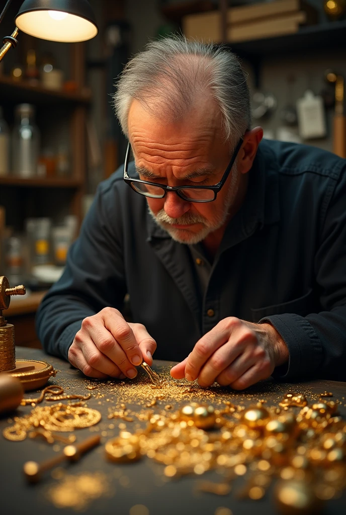 One man working hand-made gold jewellery with his tools