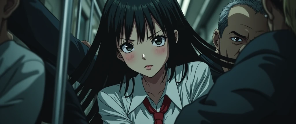 (32K:1.9, Horror depictions:1.9, Highest quality, masterpiece, Ultra-high resolution, Professional random angle camera work:1.5, Very detailedな肌と顔の質感:1.4), Always accurate, Very detailed, Student bag, (Cute Japan schoolgirl:1.3, A high school girl's blazer uniform with a red tie:1.5, Incredibly slim body:1.4, areola is not visible:1.4, Big breasts on the verge of collapse), ((Crowded train:2.0, Crazy behavior:1.9, in the train、Two middle-aged men hugging a woman from behind:1.8)), belt, Fair skin, elegant, sense of cleanliness, Thin eyebrows, (Scared expression:1.0, Confused expression:1.0, A look that shows deep contempt for you:1.0), (Big eyes that exude beautiful eroticism:0.4, Open your mouth a little, lipstick, Feel the beautiful eroticism:1.0, Dark brown ponytail), romantic, mysterious, Object of admiration, original, dramatic, artistic, Innovative, charm, Heartful, Fancy, Tilt, sense of loss, special, ((exciting, Extreme, sense of openness, suffering, sufferingの表現)), ((Mistakes of Youth, 女性的なcharm))