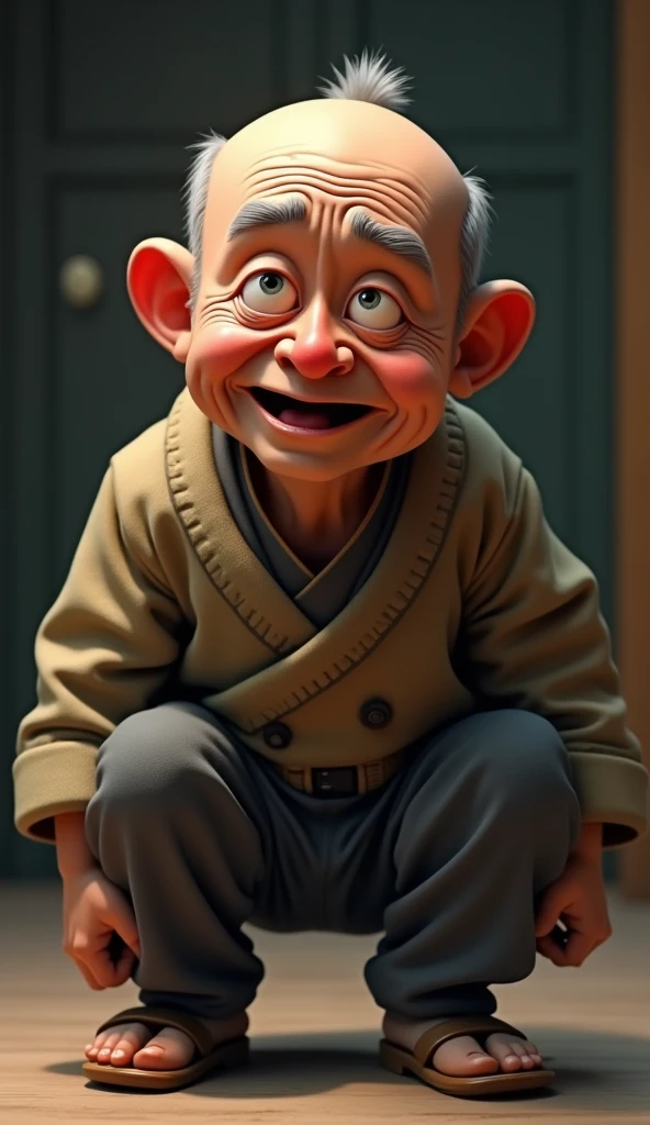 High resolution, masterpiece,Japanese、front、Whole frame、1 grandpa、bald、Blushing, Open your mouth, Wrinkle、A begging expression、charming face、I look at him as he kneels down、low length, Nose bright red, Are crying, Droopy eyes,cute