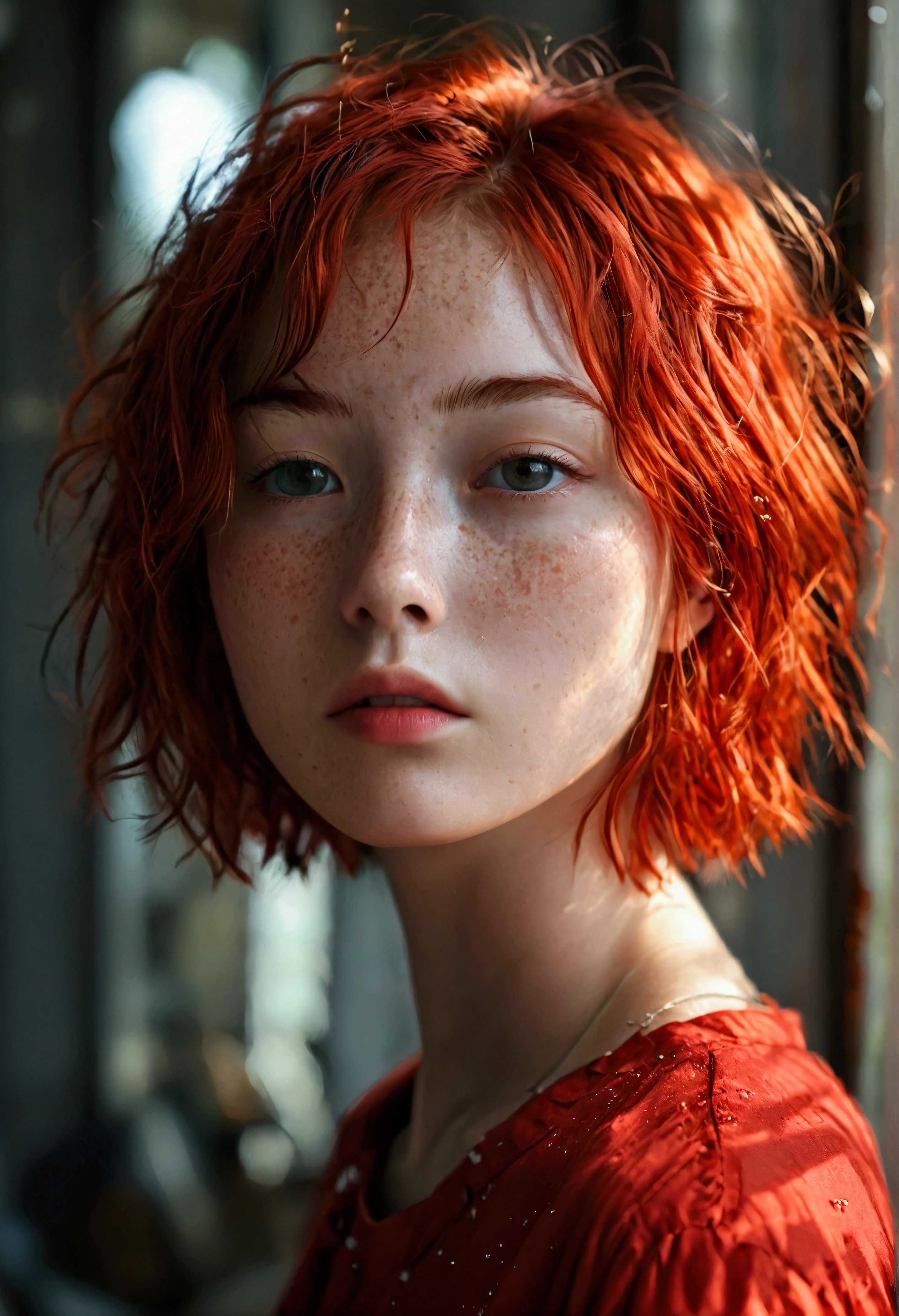 Wearing a red shirt、A girl with short, messy bob hair、Red hair、Freckles、