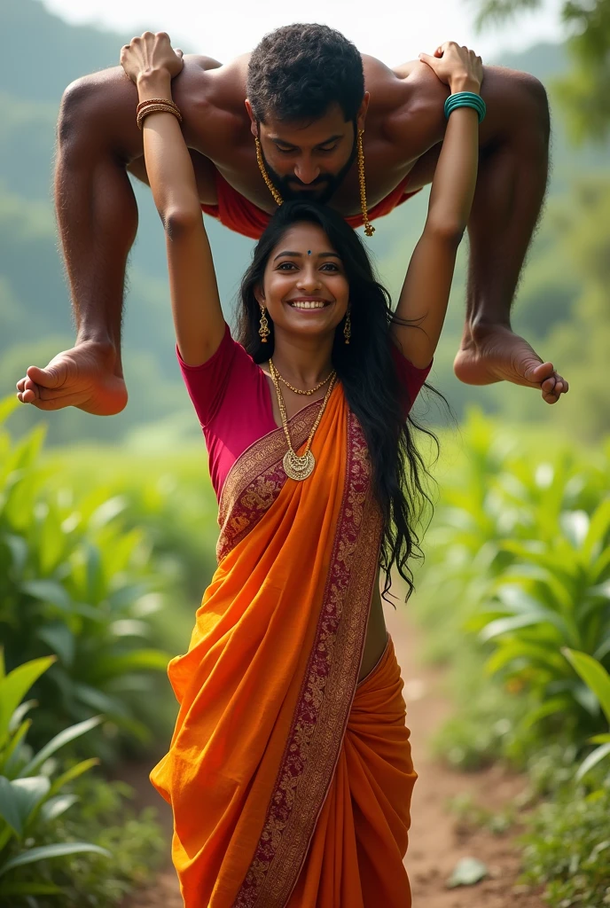 Smiling, Beautiful indian village young girl Divya in saree carrying a large man over her head in a farm, full view , natural