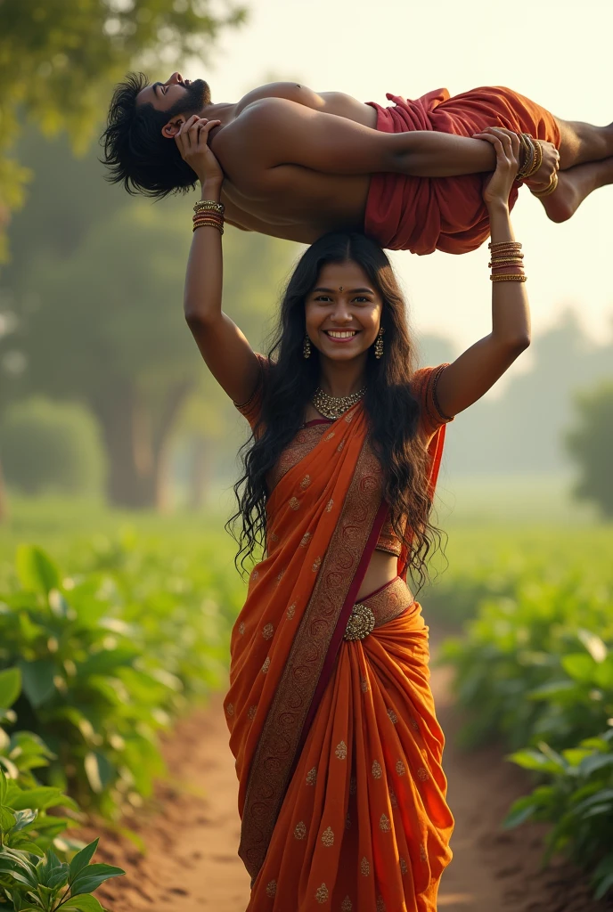 Smiling, Beautiful indian village young girl Divya in saree carrying a large man over her head in a farm, full view , natural