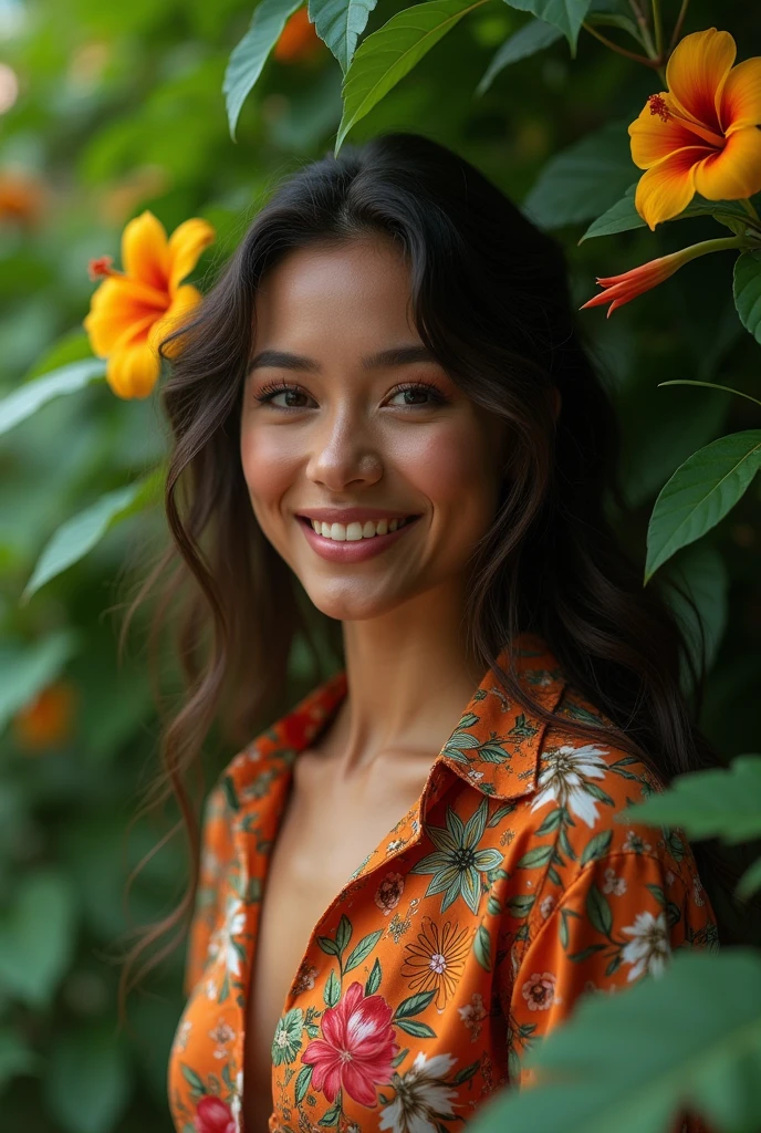 A Brazilian woman in a lush tropical garden, wearing an open shirt with a floral print, with a close-up capturing the harmonious beauty between her breasts and the natural flowers, showing off your natural charm and outgoing personality.