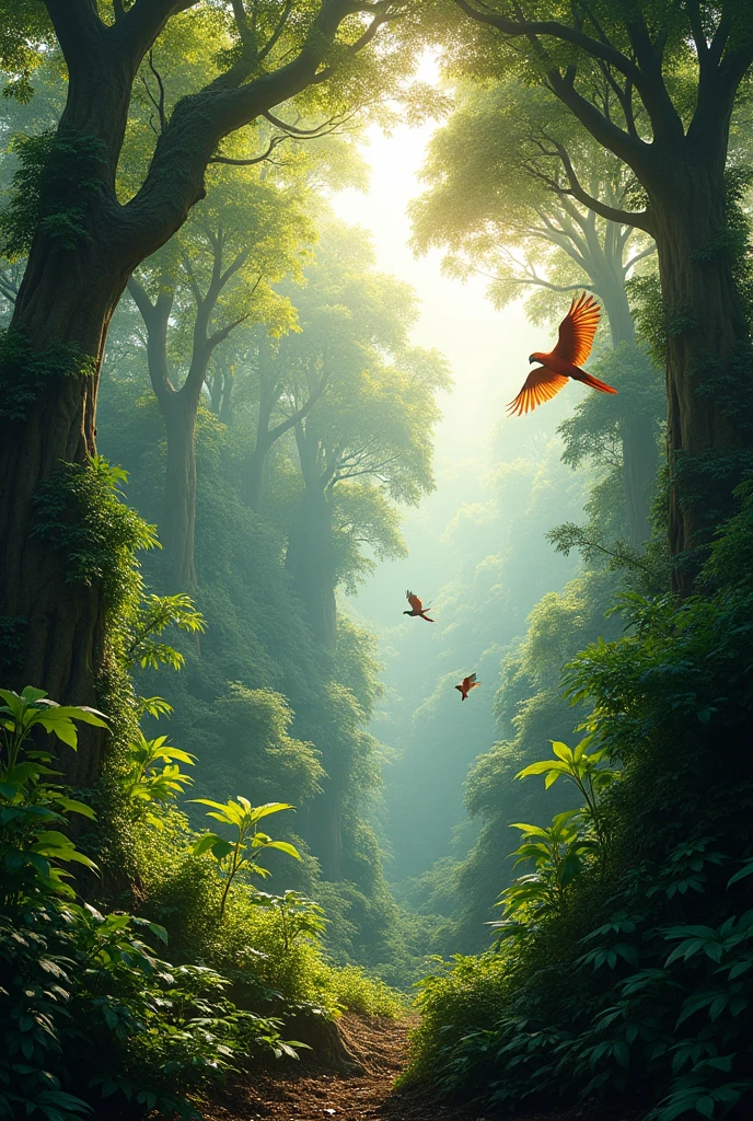 Wild jungle, realistic photo, epic scenery, flying parrots in distance