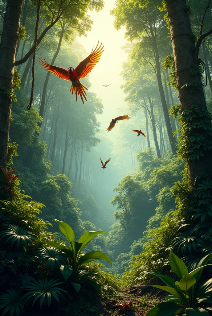 Wild jungle, realistic photo, epic scenery, flying parrots in distance