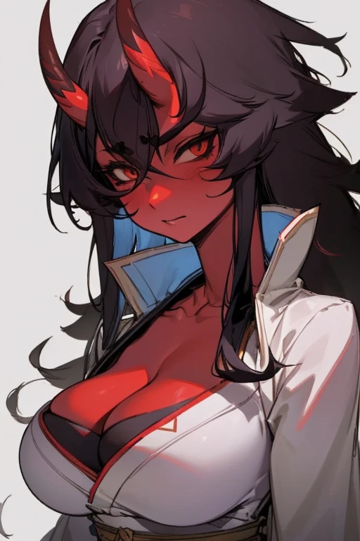 oni girl, 0n1, oni horns, red eyes, evil expression, pale skin, ashy hair, long hair, messy hair, tied hair shimenawa, hourglass body shape, robust, fur clothes, navel, tribal, yomi background, torturer, cleavage, skindentation, huge breasts, wide hips, confident pose