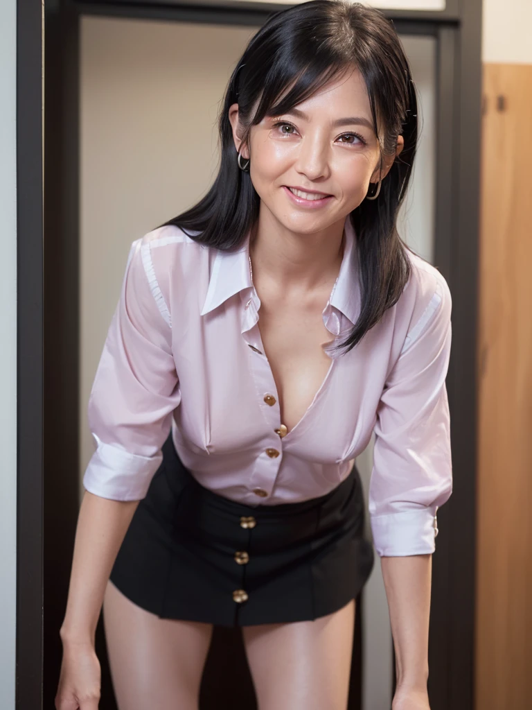 (Highest quality:1.5)、(masterpiece:1.5)、(8k:1.5)、(very small flat chest:1.5)、(Sleeveless, tight, light pink business shirt:1.5)、(A skirt so short that you can almost see her panties:1.5)、(Slender:1.5)、(Blushing:1.5)、(smile:1.5)、(whole body)、(Thin and beautiful legs:1.3)、((50 year old mature woman:2.0))、((Wrinkles around the eyes:2.0))、((Wrinkles around the mouth:2.0))、((Erect nipples:1.4))、(Entrance of the apartment:1.5)、(Elegant hairstyle:1.3)、(One woman:1.5)、(Beautiful black hair:1.5)、(Open the buttons on your business shirt:1.5)、(Leaning forward:1.5)、(A small portion of his flat chest is exposed through the gap in his business shirt.:1.5)、